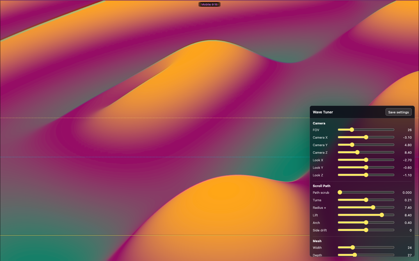 Wave tuner interface over the live waveform with desktop, tablet, and mobile frame guides