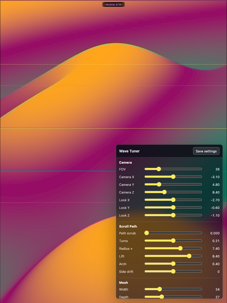 Portrait view of the wave tuner interface and responsive guide frames
